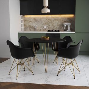 Mesa Jantar Redonda 90Cm Preta Clips 3 Pés Com 4 Poltronas Pretas Base Dourado Preto
