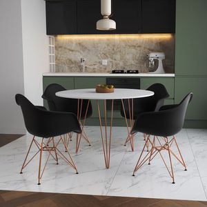 Mesa Jantar Redonda 90Cm Branca Clips 3 Pés Com 4 Poltronas Pretas Base Cobre Branco