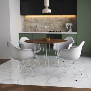 Mesa Jantar Redonda 90Cm Amêndoa Clips 3 Pés Com 4 Poltronas Brancas Ferro Branco Marrom
