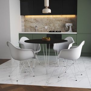 Mesa Jantar Redonda 90Cm Preta Clips 3 Pés Com 4 Poltronas Brancas Ferro Branco Preto