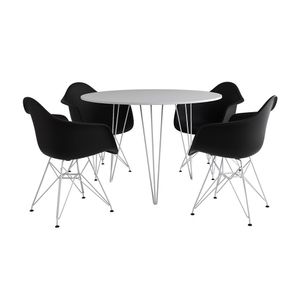 Mesa Jantar Redonda 90Cm Branca Clips 3 Pés Com 4 Poltronas Pretas Ferro Branco Branco
