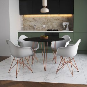 Mesa Jantar Redonda 90Cm Preta Clips 3 Pés Com 4 Poltronas Brancas Base Cobre Preto