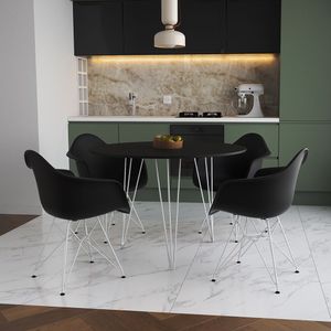 Mesa Jantar Redonda 90Cm Preta Clips 3 Pés Com 4 Poltronas Pretas Ferro Branco Preto