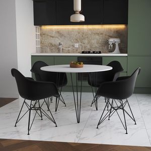 Mesa Jantar Redonda 90Cm Branca Clips 3 Pés Com 4 Poltronas Pretas Ferro Preto Branco