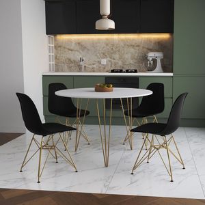 Mesa De Jantar Redonda 90Cm Branca Clips 3 Pés Com 4 Cadeiras Eames Eiffel Pretas Base Dourada