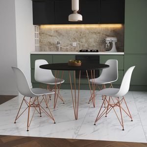 Mesa De Jantar Redonda 90Cm Preta Clips 3 Pés Com 4 Cadeiras Eames Eiffel Brancas Base Cobre