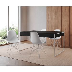 Mesa Jantar Industrial Retangular Filadélfia Preta 137X90Cm Com 4 Cadeiras Brancas Eames Base Ferro