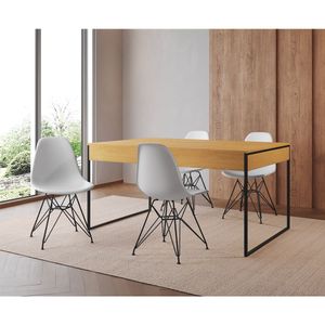Mesa Jantar Industrial Retangular Filadélfia 137X90Cm Canela Com 4 Cadeiras Brancas Eames Base Ferro