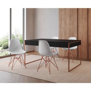 Mesa Jantar Industrial Retangular Filadélfia Preta 137X90Cm Com 4 Cadeiras Brancas Eames Base Cobre