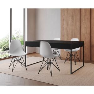 Mesa Jantar Industrial Retangular Filadélfia 137X90Cm Preta Com 4 Cadeiras Brancas Eames Base Ferro