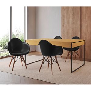 Mesa Jantar Industrial Filadélfia Canela 137X90Cm Base Ferro Preto Com 4 Poltronas Pretas Marrom