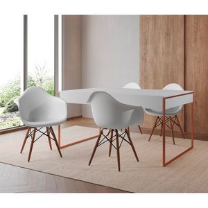 Mesa Jantar Industrial Filadélfia Branca 137X90Cm Base Cobre Com 4 Poltronas Brancas Ma Branco