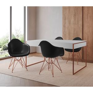 Mesa Jantar Industrial Filadélfia Branca 137X90Cm Com 4 Poltronas Pretas Base Cobre Branco