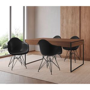 Mesa Jantar Industrial Filadélfia Amêndoa 137X90Cm Com 4 Poltronas Pretas Base Ferro Pr Marrom