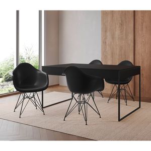 Mesa Jantar Industrial Filadélfia Preta 137X90Cm Com 4 Poltronas Pretas Base Ferro Pret Preto