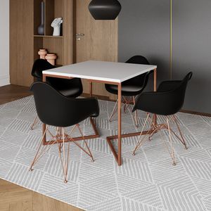 Mesa Jantar Industrial Branca 90Cm Quadrada Base Cobre V Com 4 Poltronas Pretas Pés Cob Marrom