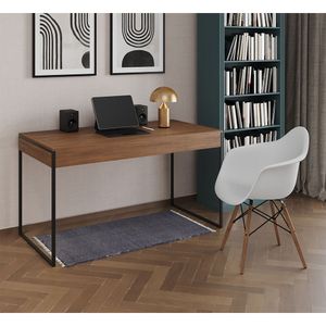 Escrivaninha Estilo Industrial Malta Amêndoa 137X53Cm Ferro Preto Com 1 Poltrona Branca Marrom