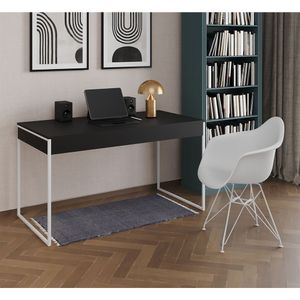 Escrivaninha Industrial Office Estudo Malta Preta 137X53Cm Com 1 Poltrona Branca Base F Marrom