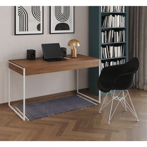 Escrivaninha Industrial Office Estudo Malta Amêndoa 137X53Cm Com 1 Poltrona Preta Base Marrom