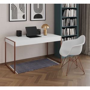 Escrivaninha Industrial Office Estudo Malta Branca 137X53Cm Com 1 Poltrona Branca Base Marrom