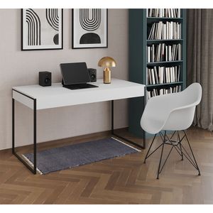 Escrivaninha Industrial Office Estudo Malta Branca 137X53Cm Com 1 Poltrona Branca Base Marrom