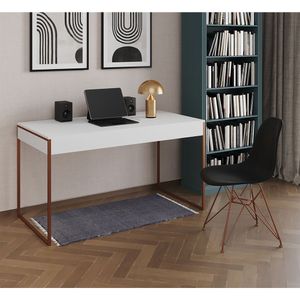 Escrivaninha Industrial Escritório Branca Malta Com 1 Cadeira Eames Eiffel Preta Base Cobre Marrom