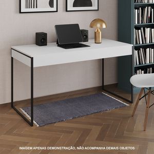 Escrivaninha Industrial Madeira Padrão Office Branca Malta Com Base Em Ferro Preto Branco