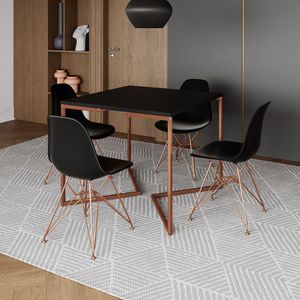 Mesa Jantar Industrial Quadrada 90Cm Preta Base Cobre V Com 4 Cadeiras Pretas Eames Eiffel Pés Cobre