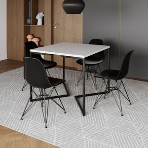 Mesa Jantar Industrial Quadrada 90Cm Branca Base V Com 4 Cadeiras Eames Eiffel Pretas Ferro Preto