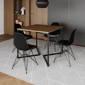 Mesa Jantar Industrial Quadrada 90Cm Amêndoa Base V Com 4 Cadeiras Eames Eiffel Pretas Ferro Preto