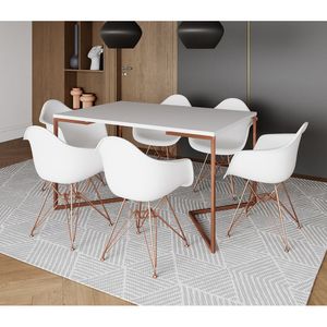 Mesa Industrial Jantar Branca 137X90Cm Base Cobre V Com 6 Poltronas Brancas Base Cobre Marrom
