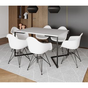 Mesa Industrial Jantar Retangular Branca 137X90Cm Base V Com 6 Poltronas Brancas Ferro Marrom