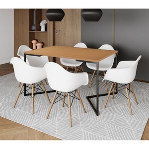 Mesa Jantar Industrial Canela Retangular 137X90Cm Base V Ferro Preto Com 6 Poltronas Br Marrom