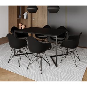 Mesa Jantar Industrial Retangular Preta 137X90Cm Base V Com 6 Poltronas Pretas Ferro Pr Marrom