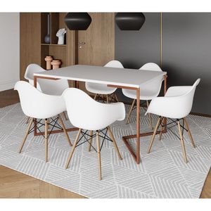 Mesa Industrial Retangular Jantar 137X90Cm Branca Base Cobre V Com 6 Poltronas Brancas Marrom