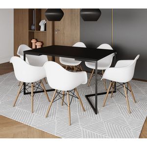 Mesa Jantar Industrial Branca Retangular 137X90Cm Base V Ferro Preto Com 6 Poltronas Br Marrom
