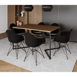 Mesa Jantar Industrial Retangular Amêndoa 137X90Cm Base V Com 6 Poltronas Pretas Ferro Marrom