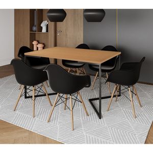 Mesa Jantar Industrial Canela Retangular 137X90Cm Base V Ferro Preto Com 6 Poltronas Pr Marrom