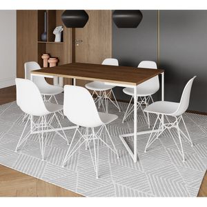 Mesa Industrial Jantar Retangular 137X90Cm Amêndoa Base V Com 6 Cadeiras Eames Eiffel Brancas Ferro