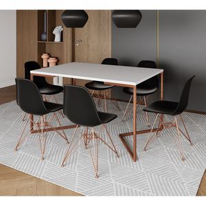 Mesa Jantar Industrial Retangular 137X90Cm Branca Base V Com 6 Cadeiras Eames Eiffel Pretas Base Cob