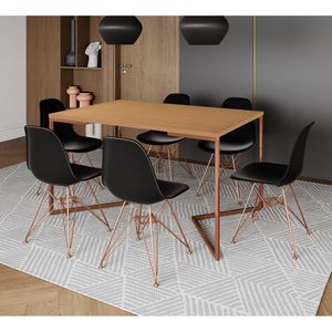 Mesa Jantar Industrial Retangular 137X90Cm Canela Base V Com 6 Cadeiras Eames Eiffel Pretas Base Cob