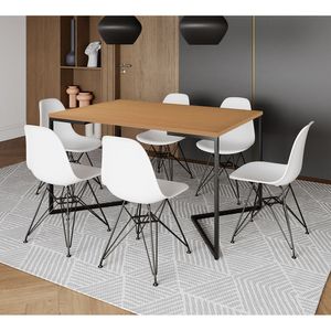 Mesa Industrial Jantar Retangular 137X90Cm Canela Base V Com 6 Cadeiras Eames Eiffel Brancas Ferro P