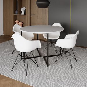 Mesa Industrial Jantar Redonda 110Cm Branca Base V Com 4 Poltronas Brancas Ferro Preto Marrom