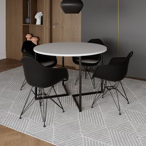 Mesa Industrial Jantar Redonda 110Cm Branca Base V Com 4 Poltronas Pretas Ferro Preto Marrom