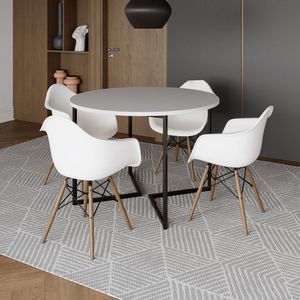 Mesa Jantar Industrial Branca 110Cm Redonda Base V Ferro Preto Com 4 Poltronas Brancas Madeir Marrom