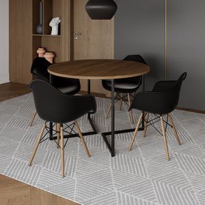 Mesa Jantar Industrial Amêndoa 110Cm Redonda Base V Ferro Preto Com 4 Poltronas Pretas Madeir Marrom