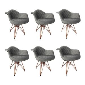 Kit 6 Poltronas Jantar Estofadas Cinza Base Cobre Cinza