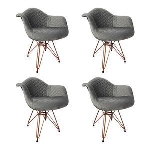 Kit 4 Poltronas Jantar Estofadas Cinza Base Cobre Cinza