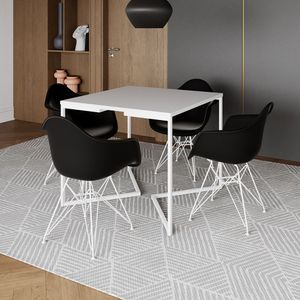 Mesa Jantar Industrial Quadrada Branca 90Cm Base V Com 4 Poltronas Pretas Ferro Branco Marrom