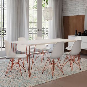 Mesa Sala De Jantar Industrial Branca 135X75 6 Cadeiras Bracas De Ferro Cobre Cor: Branco